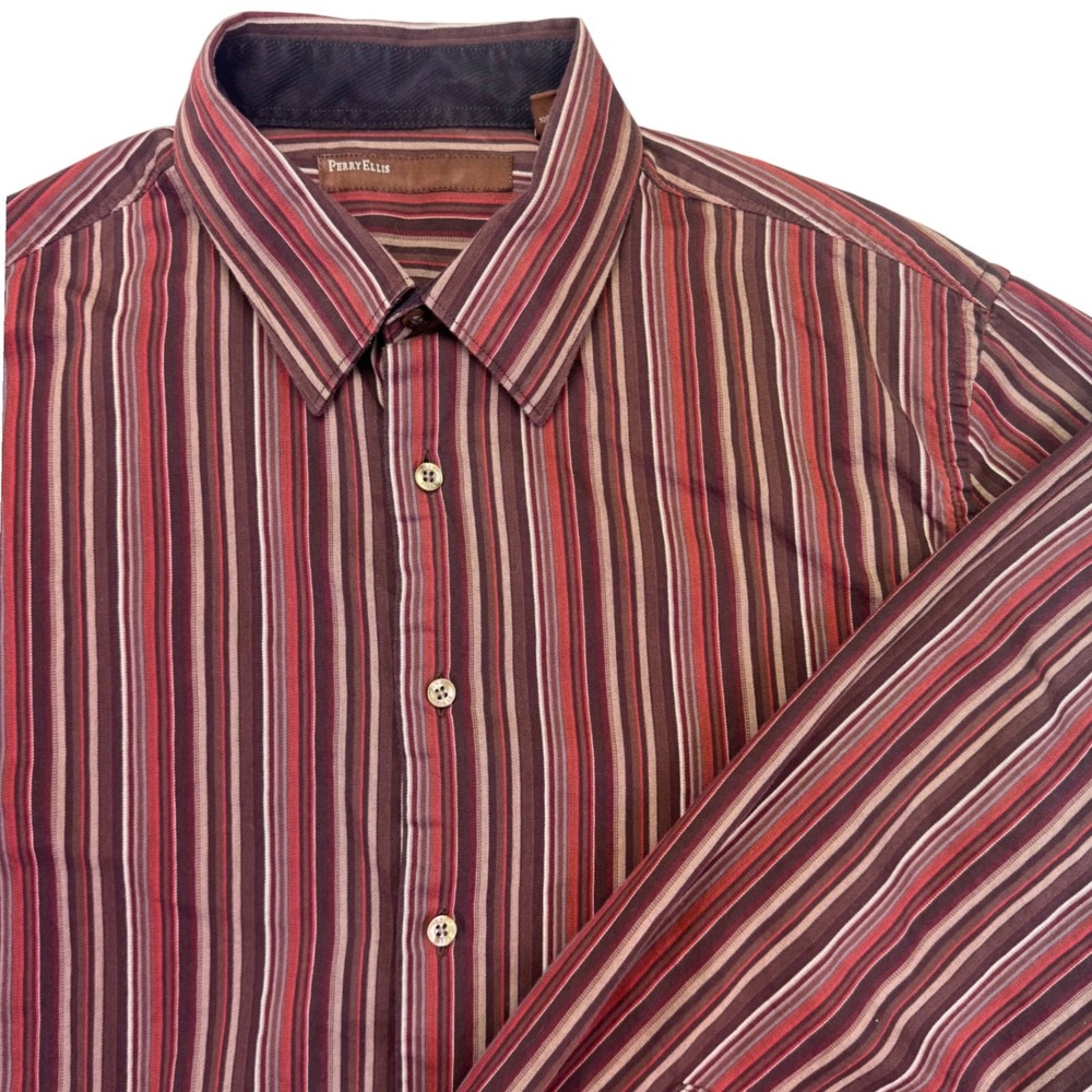 Perry Ellis Button Down Shirt Men's Size‎ XL Long Sleeve Burgundy Brown Striped